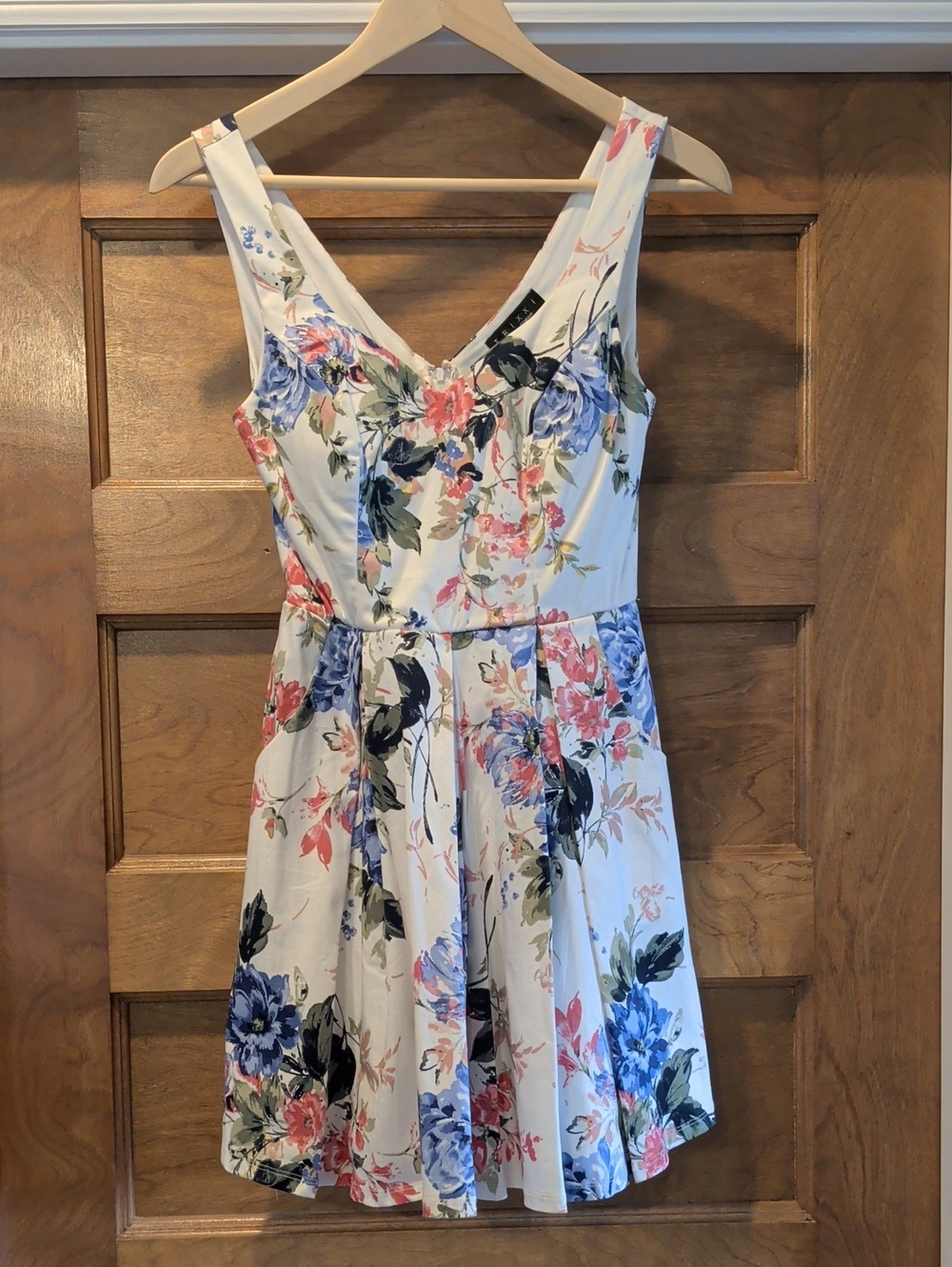 Trixxi White Fit & Flare Floral Mini Pleated Dress with Blue and Pink Blooms